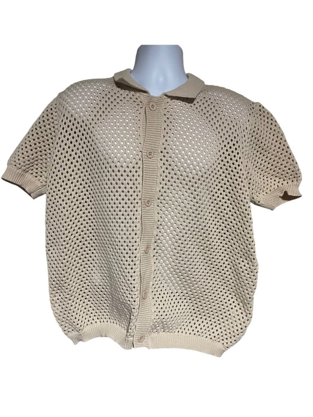 Sandstone Crochet Knit Shirt Mens Medium Beige Open Weave Retro